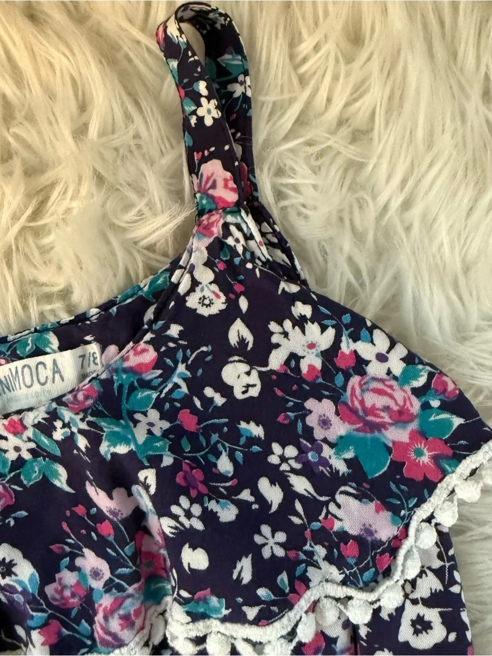 Girls 7/8 Purple Floral Sundress with Pom Trim